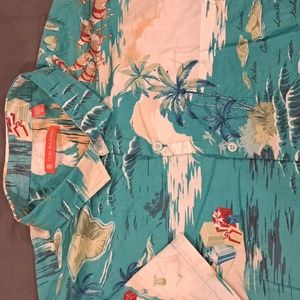 Tori Richard Teal Hawaiian Christmas Print Casual Button Down Shirt
